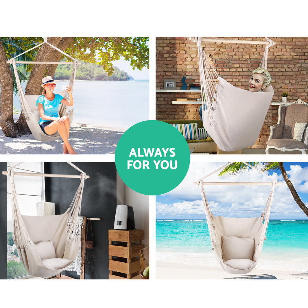 Gardeon Hammock Chair Outdoor Camping Hanging Hammocks Cushion Pillow Cream-Hammock-PEROZ Accessories