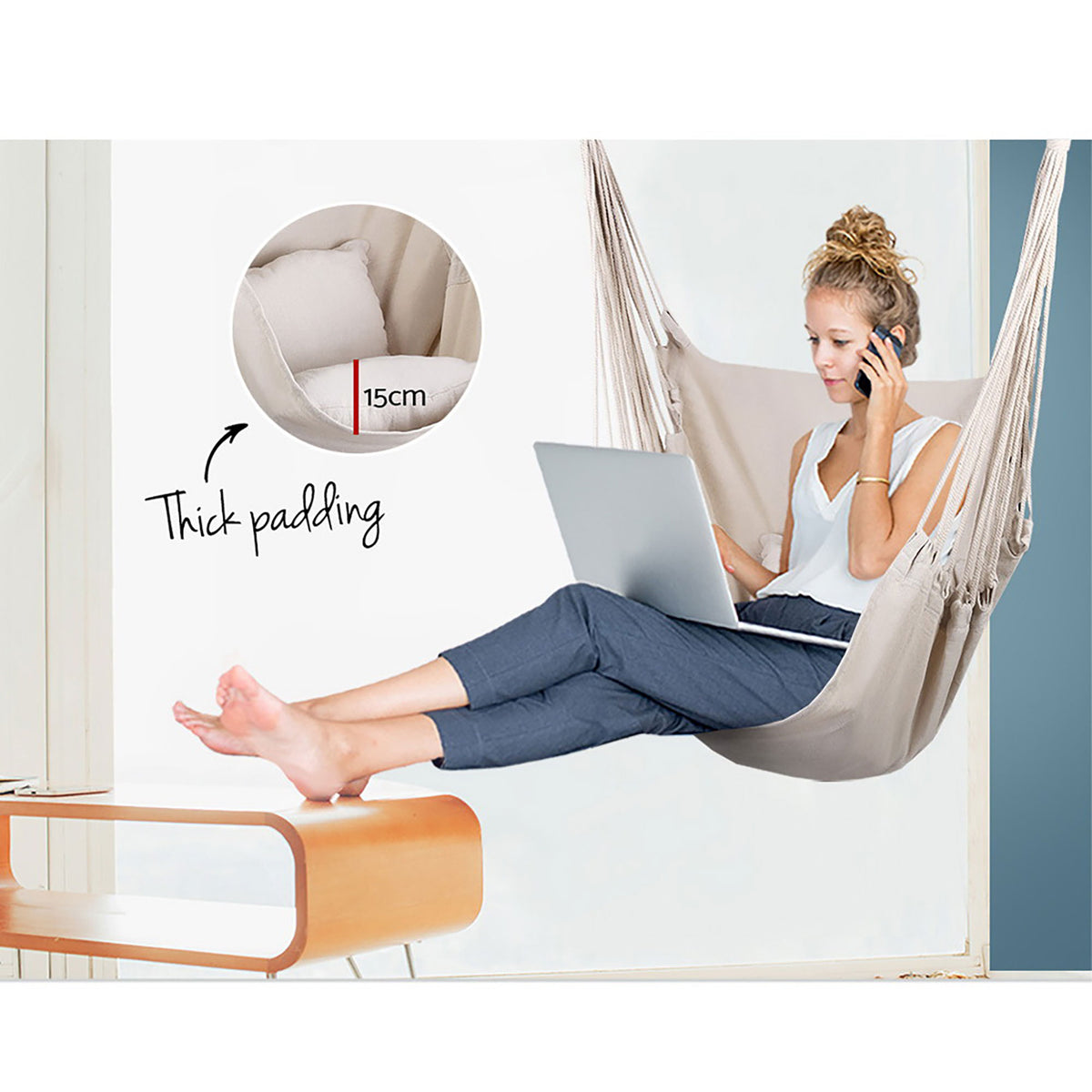 Gardeon Hammock Chair Outdoor Camping Hanging Hammocks Cushion Pillow Cream-Hammock-PEROZ Accessories
