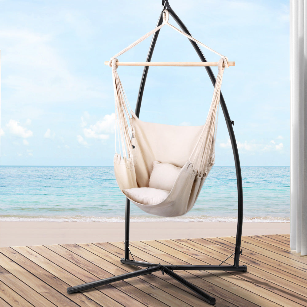 Gardeon Hammock Chair Outdoor Camping Hanging with Steel Stand Cream-Hammock-PEROZ Accessories