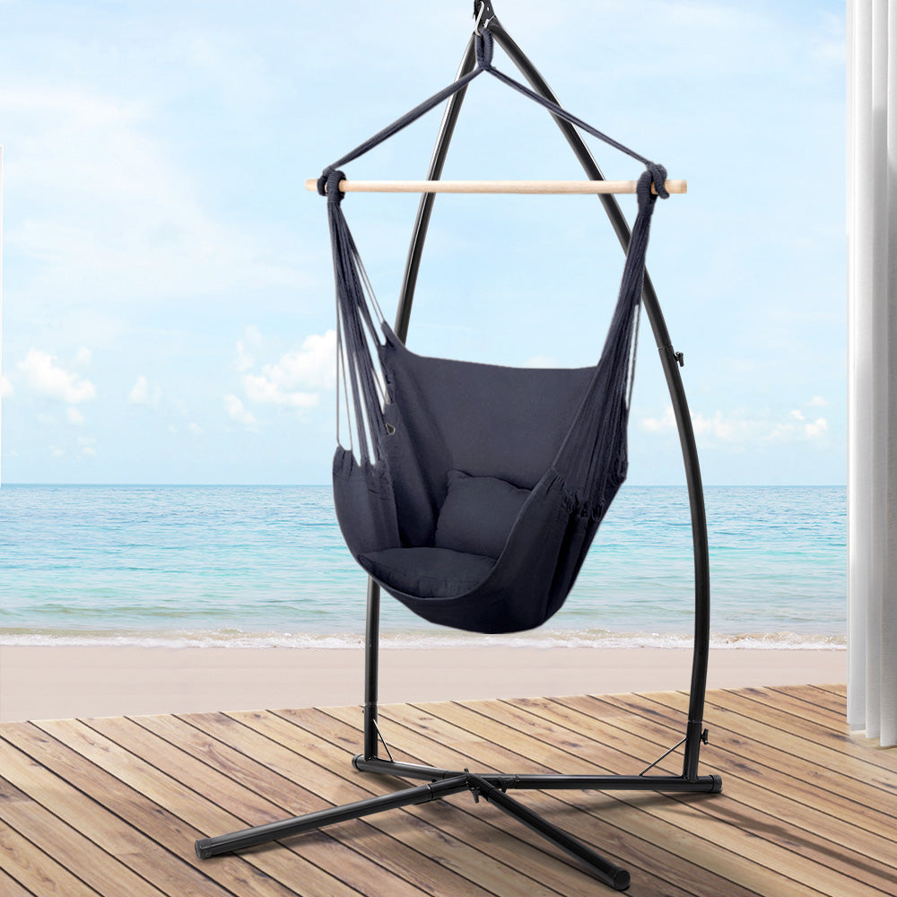 Gardeon Hammock Chair Outdoor Camping Hanging with Steel Stand Grey-Hammock-PEROZ Accessories