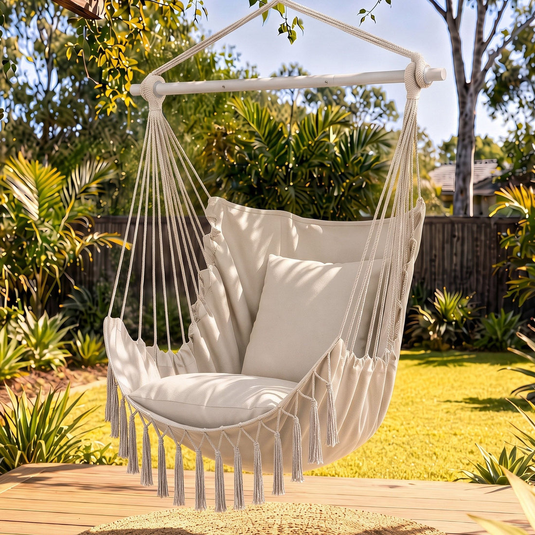 Gardeon Hammock Chair Camping Macrame Hanging Swing Cushions Metal Bar Cream-Home &amp; Garden > Hammocks > Hammocks &amp; Accessories-PEROZ Accessories