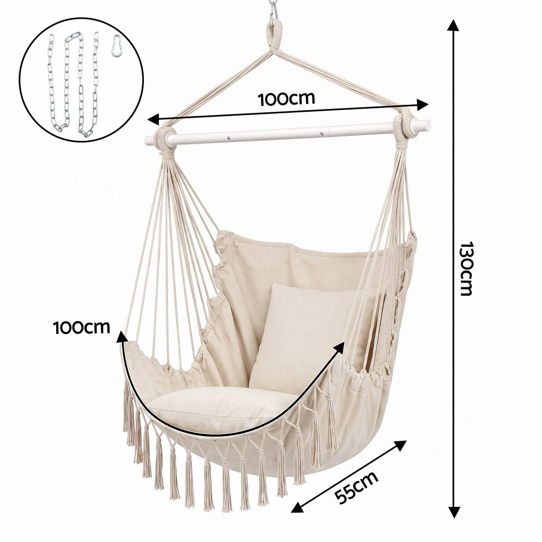 Gardeon Hammock Chair Camping Macrame Hanging Swing Cushions Metal Bar Cream-Home &amp; Garden > Hammocks > Hammocks &amp; Accessories-PEROZ Accessories