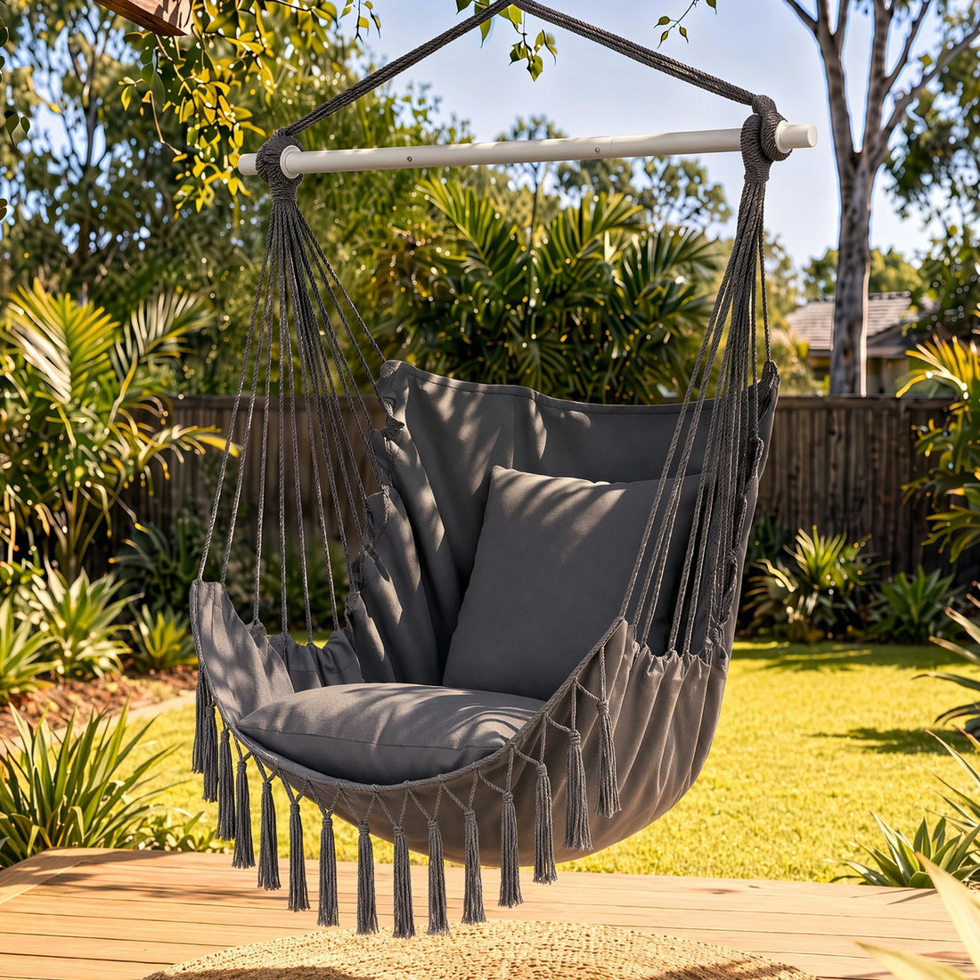 Gardeon Hammock Chair Camping Macrame Hanging Swing Cushions Metal Bar Grey-Home &amp; Garden > Hammocks > Hammocks &amp; Accessories-PEROZ Accessories
