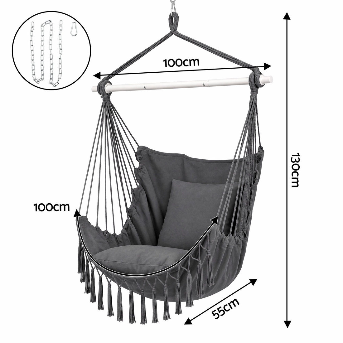 Gardeon Hammock Chair Camping Macrame Hanging Swing Cushions Metal Bar Grey-Home &amp; Garden > Hammocks > Hammocks &amp; Accessories-PEROZ Accessories