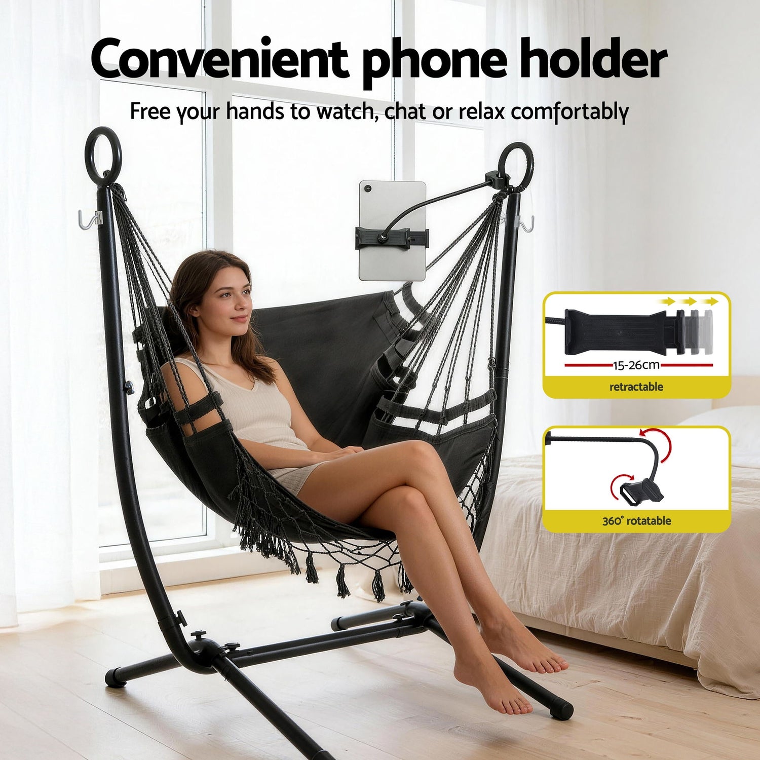 Gardeon Hammock Chair Stand Iron Frame w/ Phone Holder Black-Home &amp; Garden > Hammocks > Hammocks &amp; Accessories-PEROZ Accessories