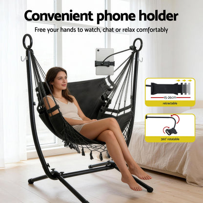 Gardeon Hammock Chair Stand Iron Frame w/ Phone Holder Black-Home &amp; Garden > Hammocks > Hammocks &amp; Accessories-PEROZ Accessories