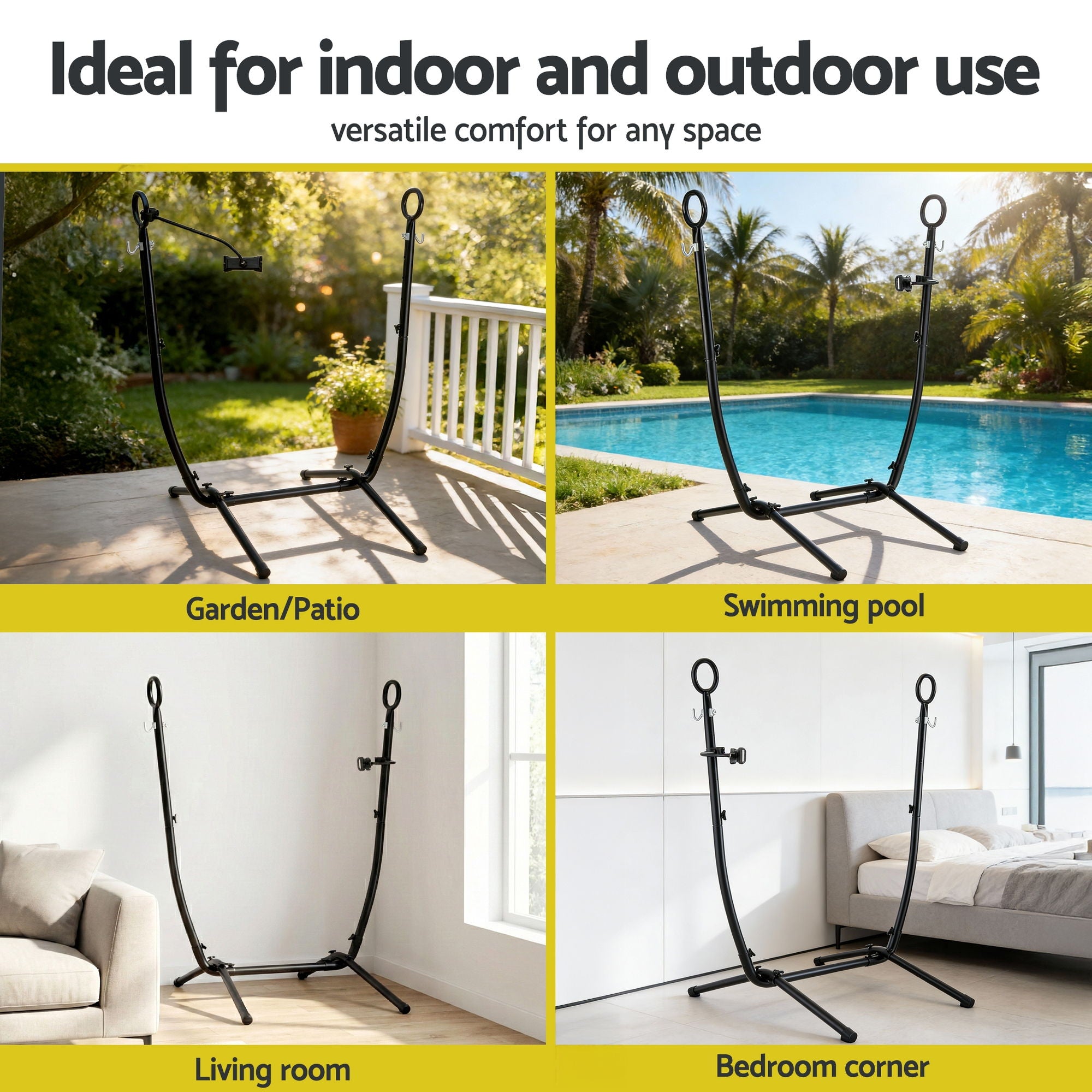 Gardeon Hammock Chair Stand Iron Frame w/ Phone Holder Black-Home &amp; Garden > Hammocks > Hammocks &amp; Accessories-PEROZ Accessories