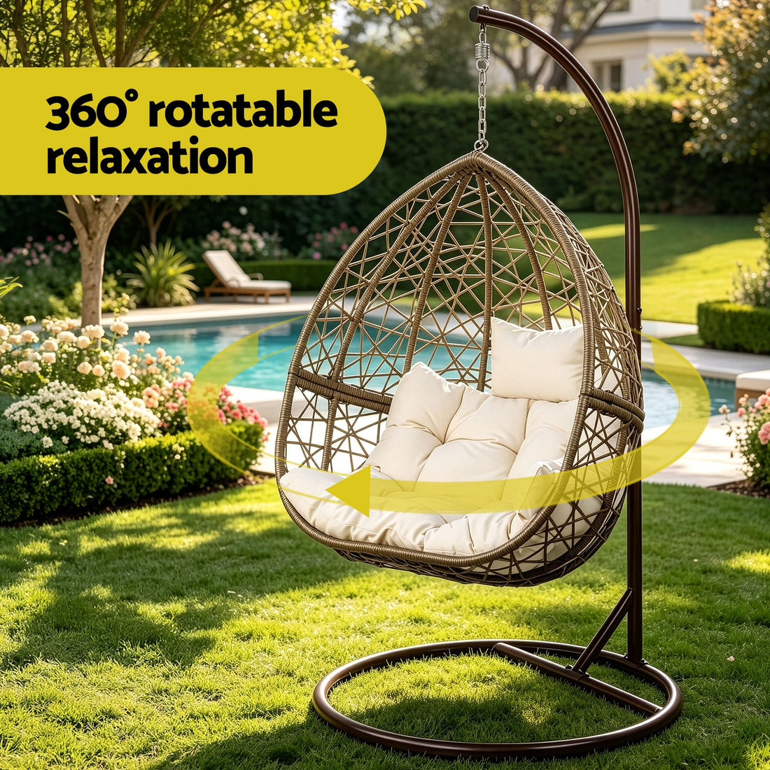 Gardeon Outdoor Egg Swing Chair Wicker Rattan Furniture Pod Stand Cushion Latte-Swing Chairs-PEROZ Accessories
