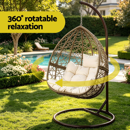 Gardeon Outdoor Egg Swing Chair Wicker Rattan Furniture Pod Stand Cushion Latte-Swing Chairs-PEROZ Accessories