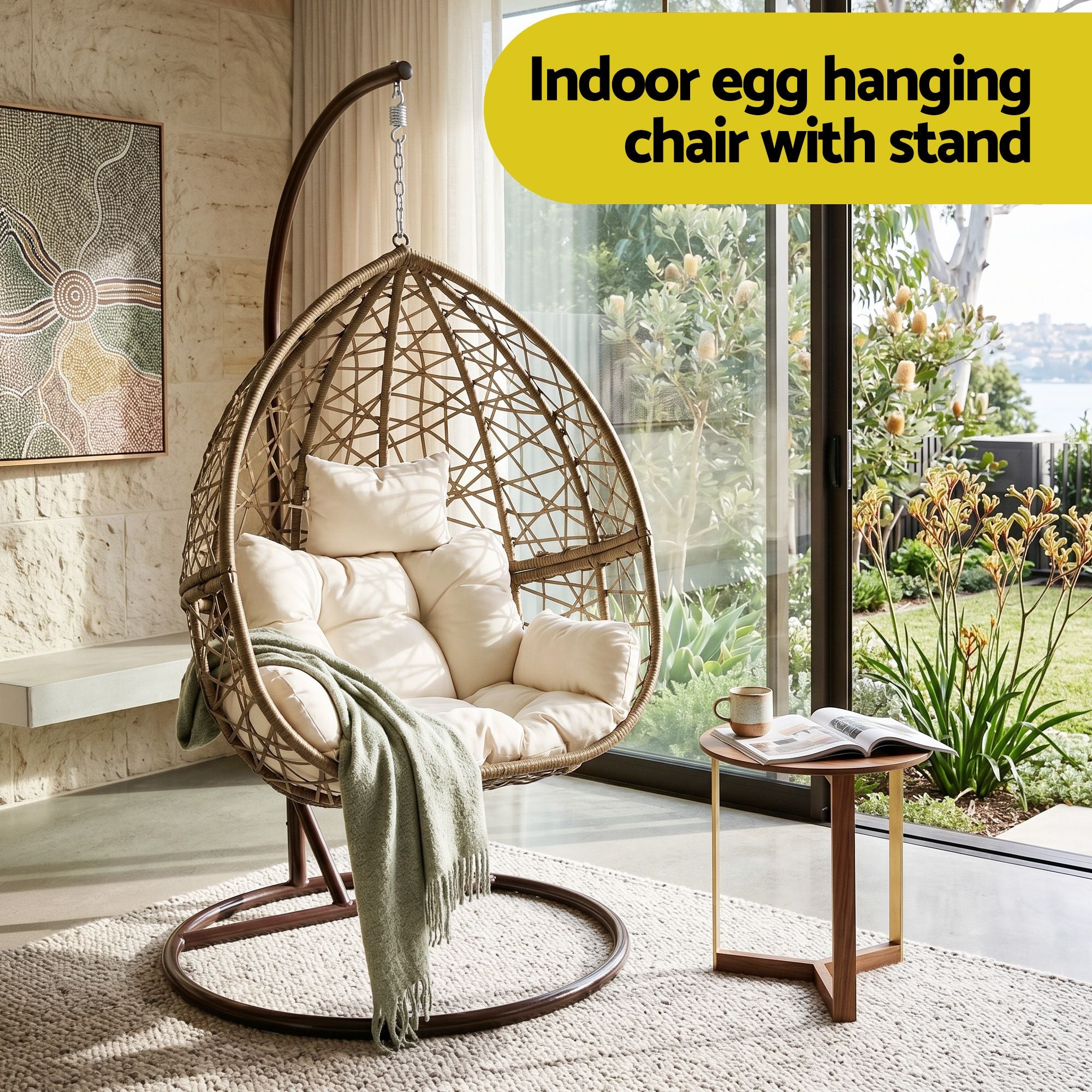Gardeon Outdoor Egg Swing Chair Wicker Rattan Furniture Pod Stand Cushion Latte-Swing Chairs-PEROZ Accessories