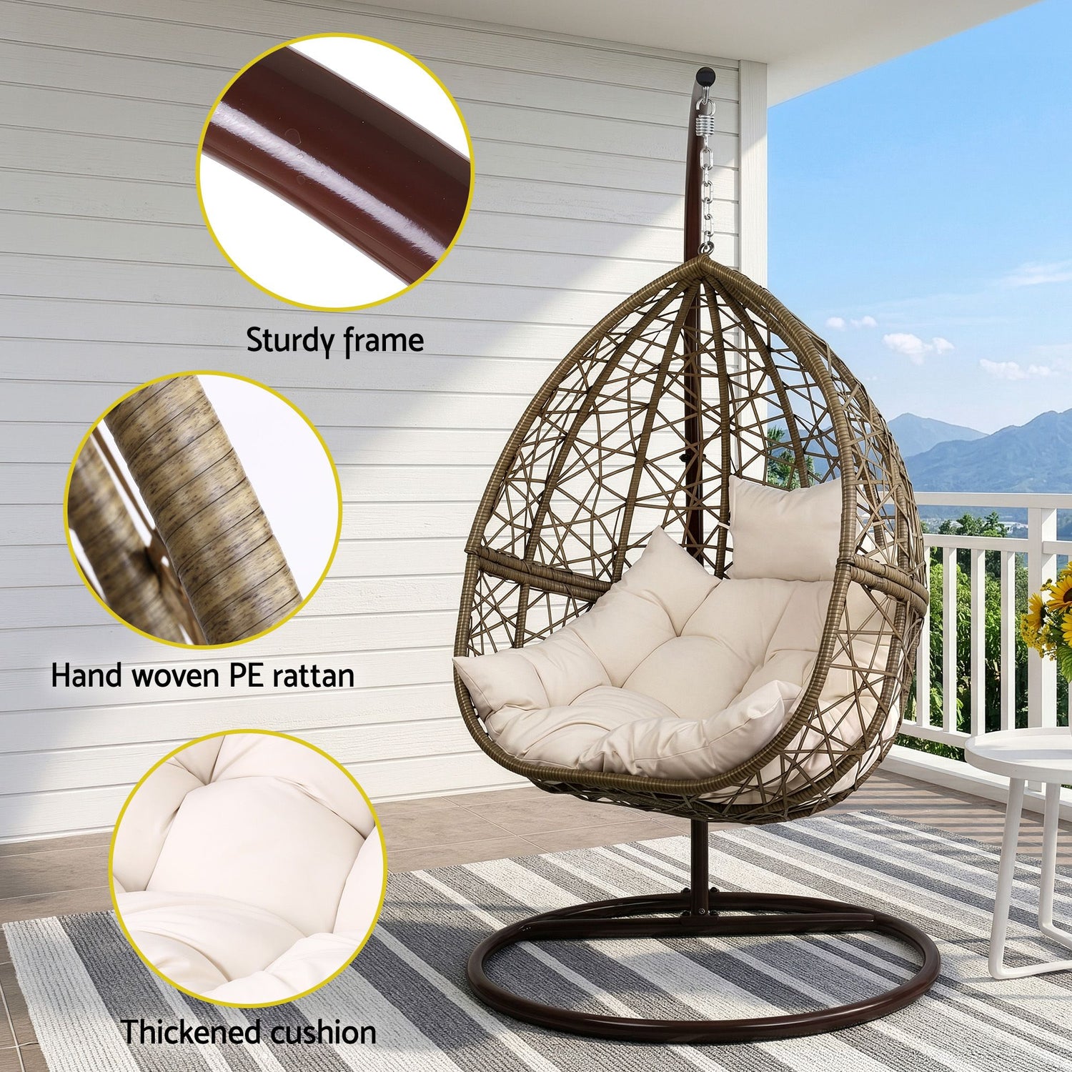 Gardeon Outdoor Egg Swing Chair Wicker Rattan Furniture Pod Stand Cushion Latte-Swing Chairs-PEROZ Accessories