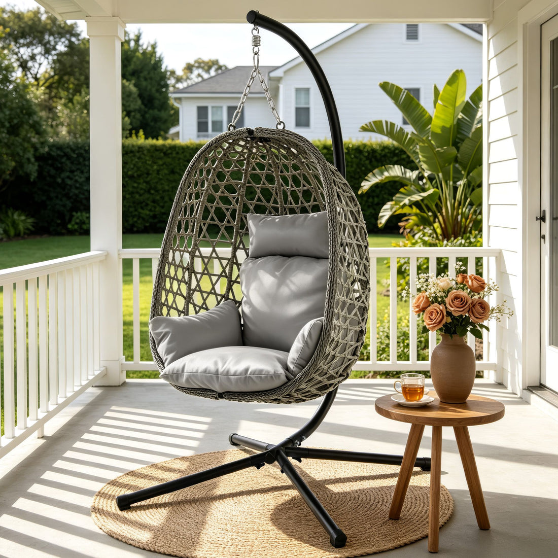 Gardeon Outdoor Swing Chair with Stand Cushion Rattan Furniture Grey-Furniture > Outdoor > Outdoor Chairs-PEROZ Accessories