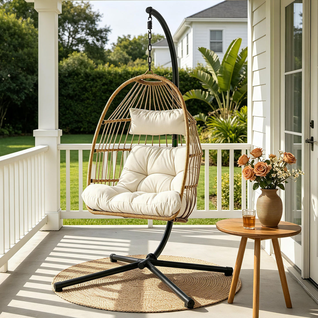 Gardeon Foldable Outdoor Swing Chair with Stand Cushion Rattan Patio Furniture-Furniture > Outdoor > Outdoor Chairs-PEROZ Accessories