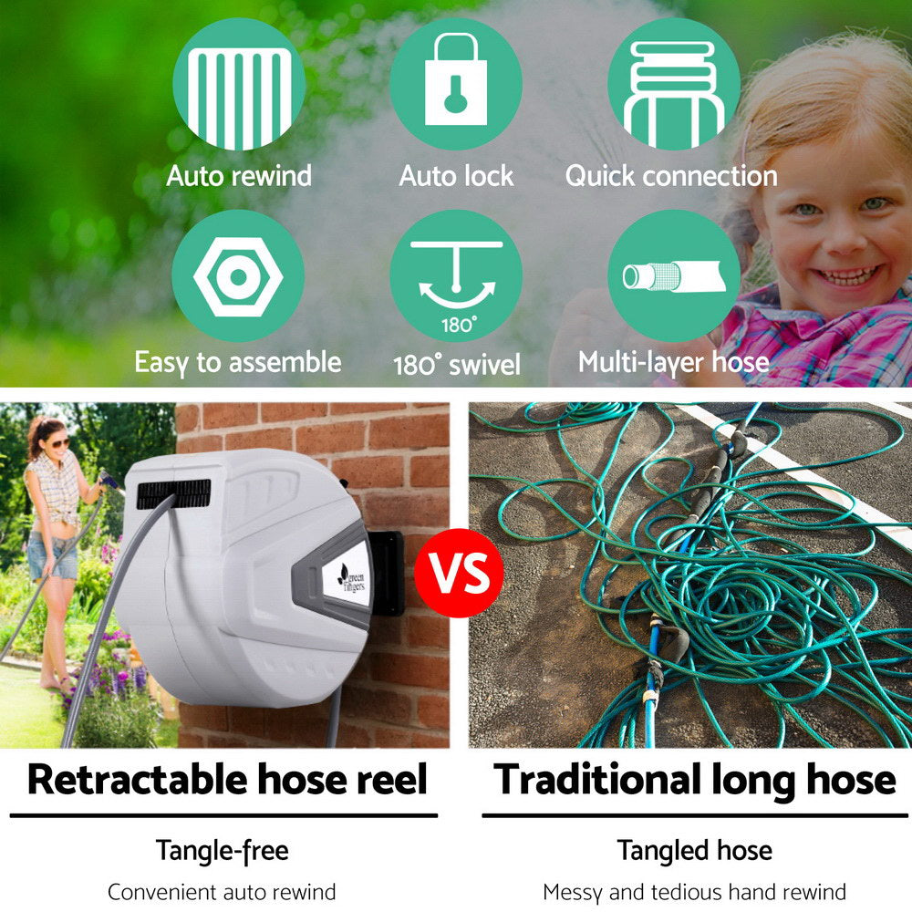 Green Fingers 30M Water Hose Reel Retractable Auto Rewind Wall Mount Garden Spray Gun-Home &amp; Garden &gt; Garden Tools &gt; Garden Hoses-PEROZ Accessories