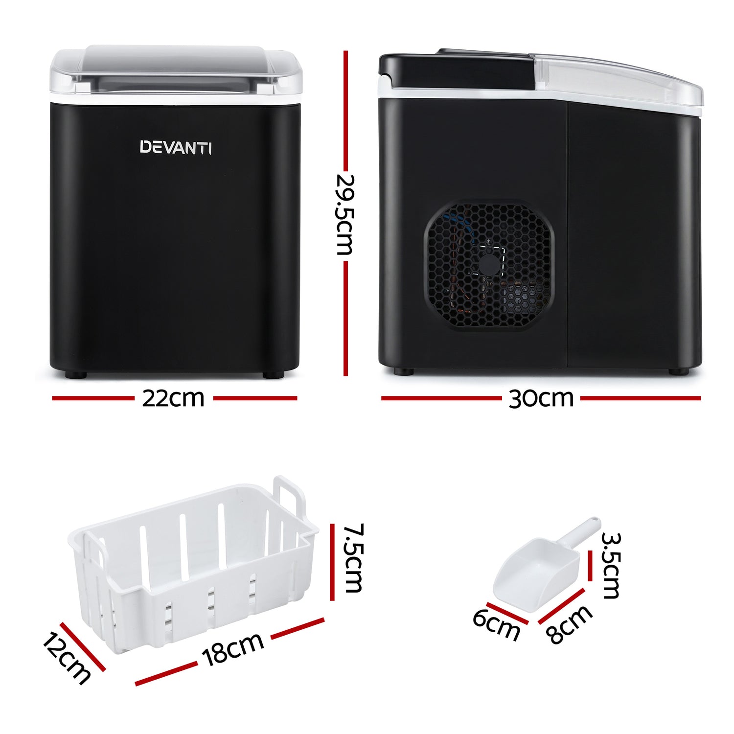 Devanti Ice Maker Machine Portable 12kg Countertop w/Self Cleaning 1.2L Black-Appliances > Kitchen Appliances > Ice Makers-PEROZ Accessories