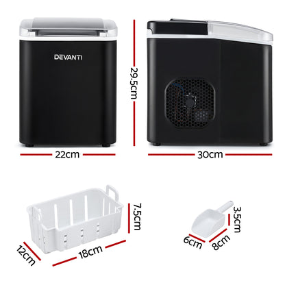 Devanti Ice Maker Machine Portable 12kg Countertop w/Self Cleaning 1.2L Black-Appliances > Kitchen Appliances > Ice Makers-PEROZ Accessories