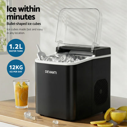 Devanti Ice Maker Machine Portable 12kg Countertop w/Self Cleaning 1.2L Black-Appliances > Kitchen Appliances > Ice Makers-PEROZ Accessories