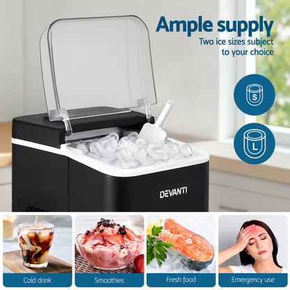 Devanti Ice Maker Machine Portable 12kg Countertop w/Self Cleaning 1.2L Black-Appliances > Kitchen Appliances > Ice Makers-PEROZ Accessories