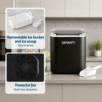 Devanti Ice Maker Machine Portable 12kg Countertop w/Self Cleaning 1.2L Black-Appliances > Kitchen Appliances > Ice Makers-PEROZ Accessories