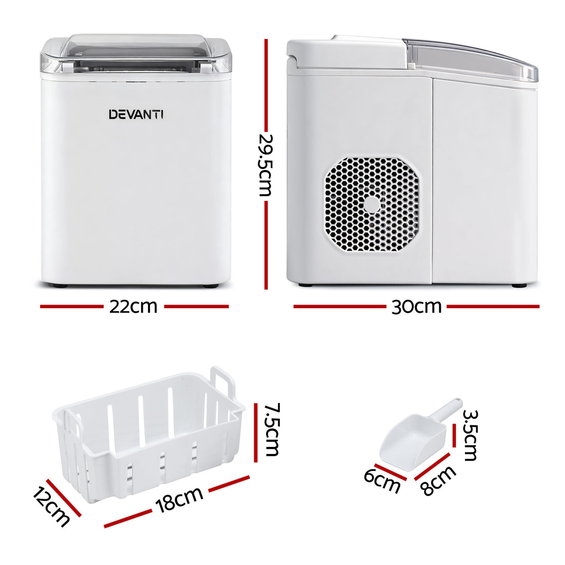 Devanti Ice Maker Machine Portable 12kg Countertop w/Self Cleaning 1.2L White-Appliances > Kitchen Appliances > Ice Makers-PEROZ Accessories