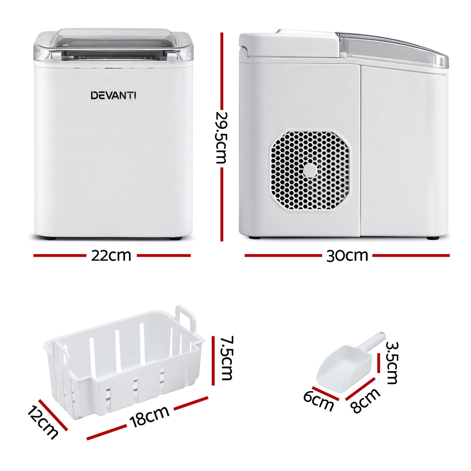 Devanti Ice Maker Machine Portable 12kg Countertop w/Self Cleaning 1.2L White-Appliances > Kitchen Appliances > Ice Makers-PEROZ Accessories