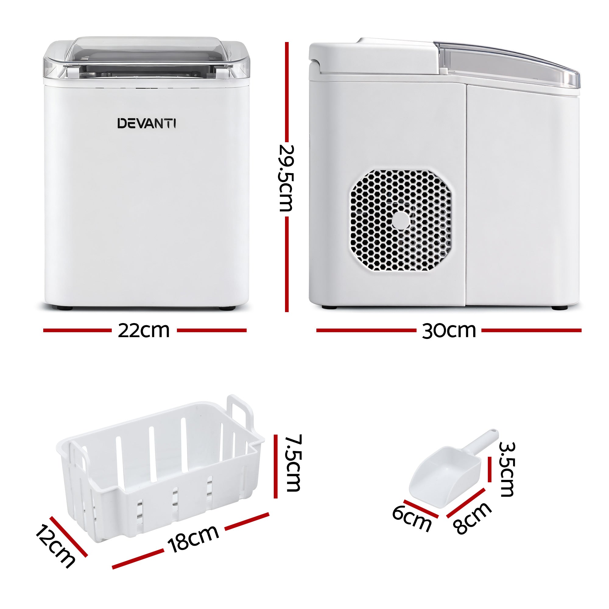 Devanti Ice Maker Machine Portable 12kg Countertop w/Self Cleaning 1.2L White-Appliances > Kitchen Appliances > Ice Makers-PEROZ Accessories