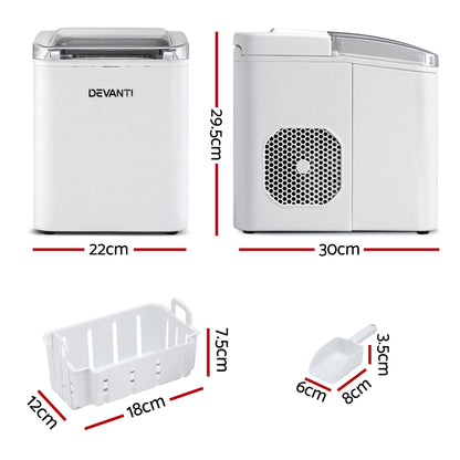 Devanti Ice Maker Machine Portable 12kg Countertop w/Self Cleaning 1.2L White-Appliances > Kitchen Appliances > Ice Makers-PEROZ Accessories