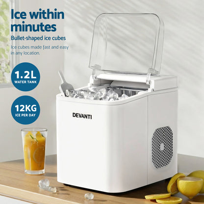 Devanti Ice Maker Machine Portable 12kg Countertop w/Self Cleaning 1.2L White-Appliances > Kitchen Appliances > Ice Makers-PEROZ Accessories