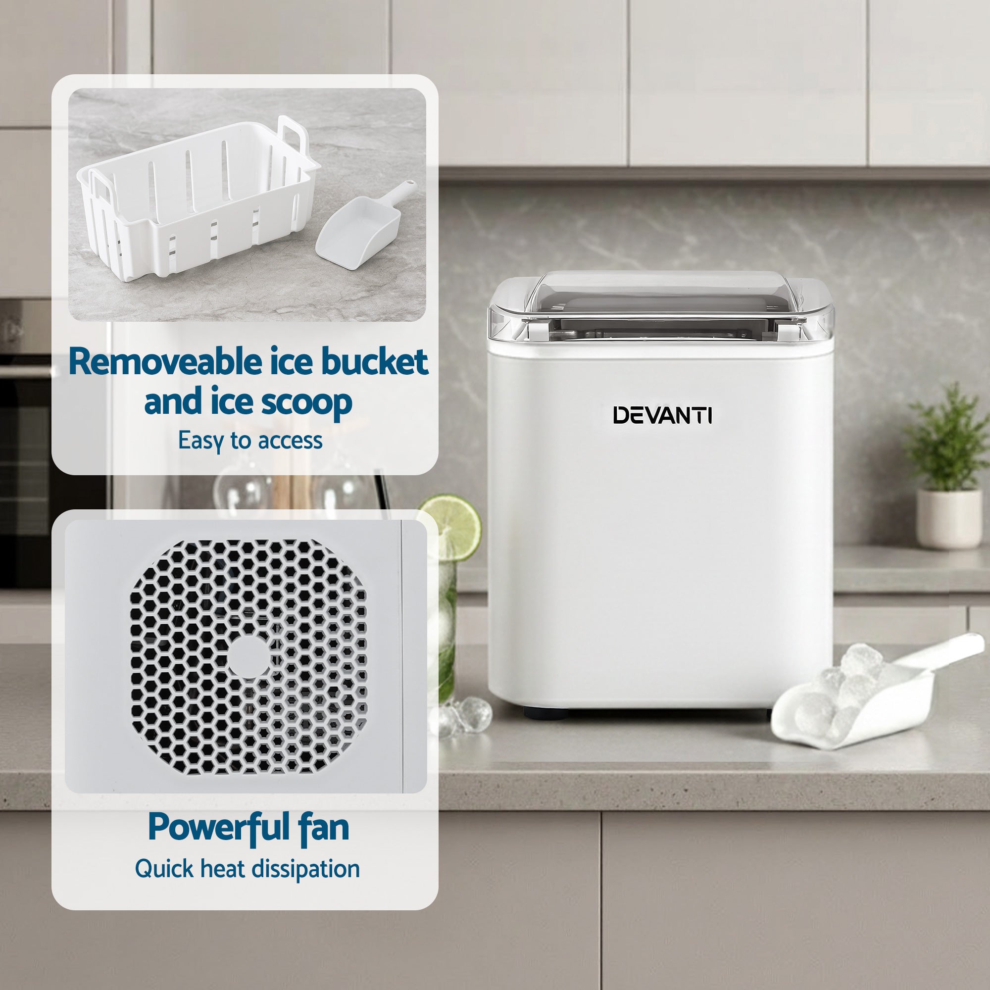 Devanti Ice Maker Machine Portable 12kg Countertop w/Self Cleaning 1.2L White-Appliances > Kitchen Appliances > Ice Makers-PEROZ Accessories
