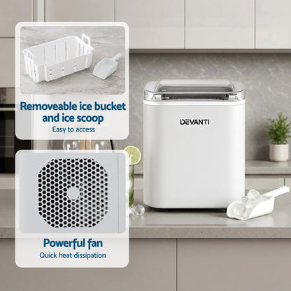 Devanti Ice Maker Machine Portable 12kg Countertop w/Self Cleaning 1.2L White-Appliances > Kitchen Appliances > Ice Makers-PEROZ Accessories
