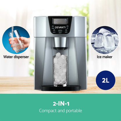 Devanti 2L Portable Ice Cuber Maker &amp; Water Dispenser - Silver-Ice Makers-PEROZ Accessories