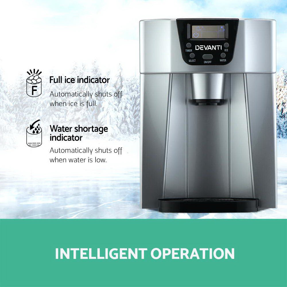 Devanti 2L Portable Ice Cuber Maker &amp; Water Dispenser - Silver-Ice Makers-PEROZ Accessories
