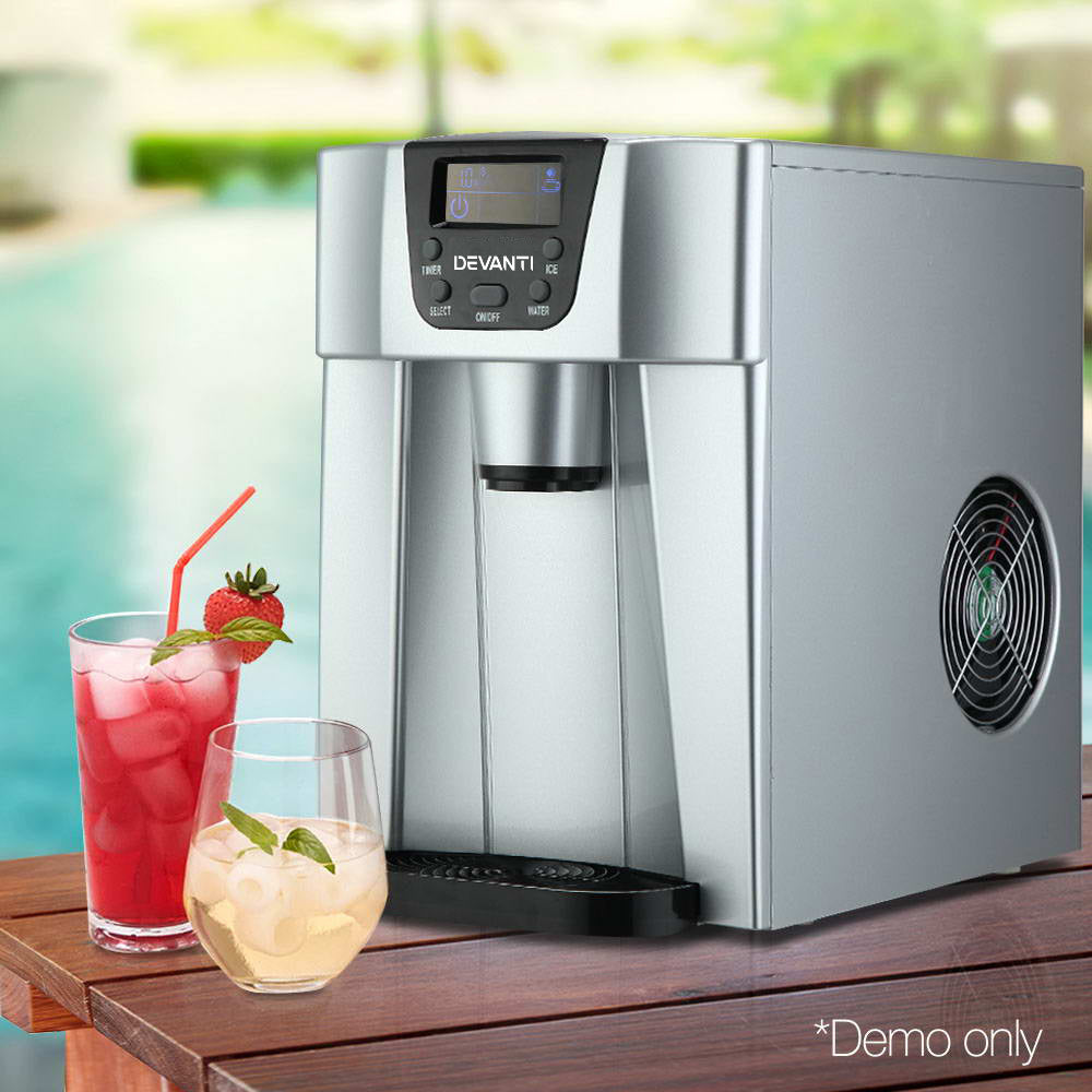Devanti 2L Portable Ice Cuber Maker &amp; Water Dispenser - Silver-Ice Makers-PEROZ Accessories
