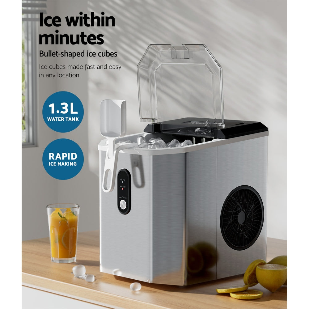 Devanti Portable Ice Maker Machine Ice Cube 12kg Bar Countertop Stainless Steel-Appliances &gt; Kitchen Appliances-PEROZ Accessories
