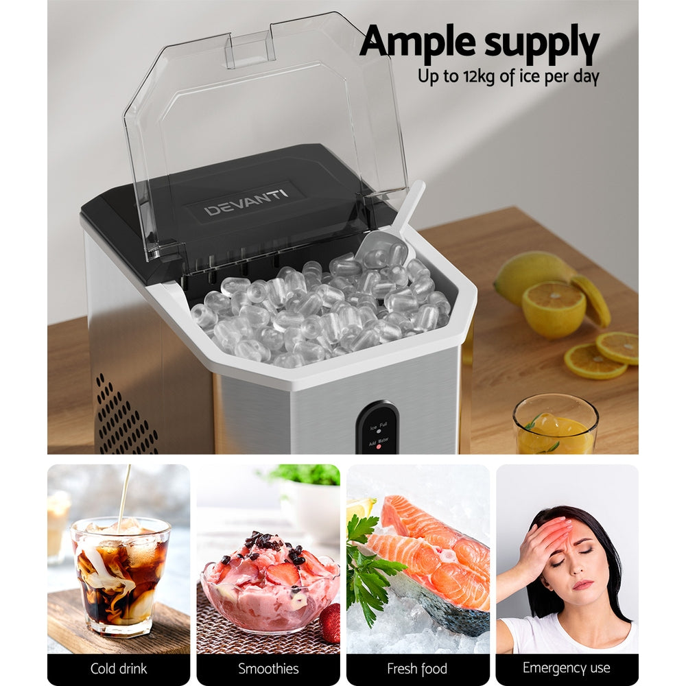 Devanti Portable Ice Maker Machine Ice Cube 12kg Bar Countertop Stainless Steel-Appliances &gt; Kitchen Appliances-PEROZ Accessories