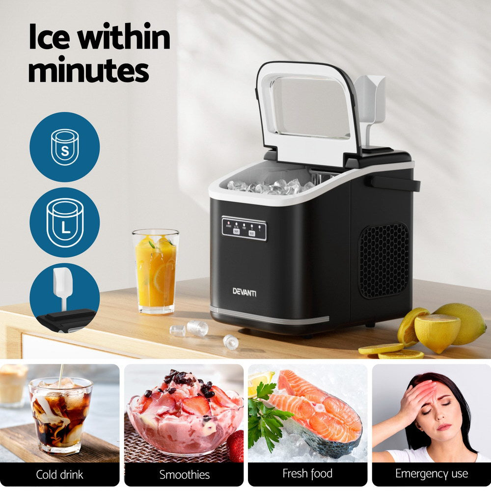 Devanti Ice Maker Machine Portable 12kg Countertop w/Self Cleaning 1.3L Black-Appliances &gt; Kitchen Appliances &gt; Ice Makers-PEROZ Accessories