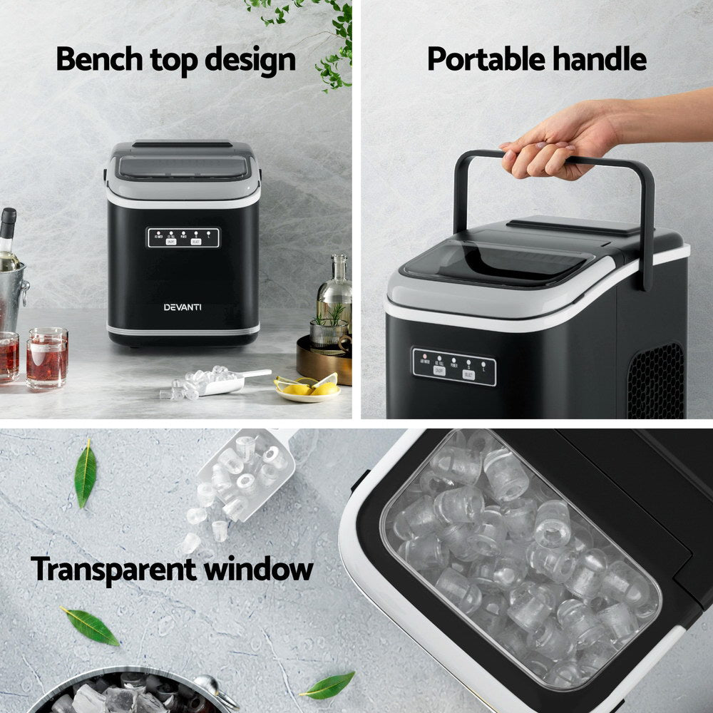 Devanti Ice Maker Machine Portable 12kg Countertop w/Self Cleaning 1.3L Black-Appliances &gt; Kitchen Appliances &gt; Ice Makers-PEROZ Accessories