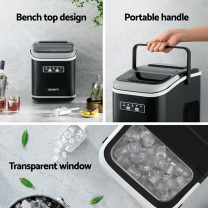 Devanti Ice Maker Machine Portable 12kg Countertop w/Self Cleaning 1.3L Black-Appliances &gt; Kitchen Appliances &gt; Ice Makers-PEROZ Accessories