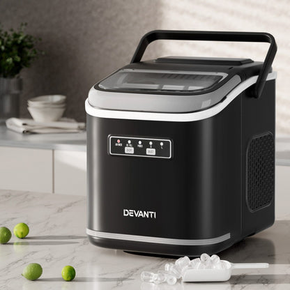 Devanti Ice Maker Machine Portable 12kg Countertop w/Self Cleaning 1.3L Black-Appliances &gt; Kitchen Appliances &gt; Ice Makers-PEROZ Accessories
