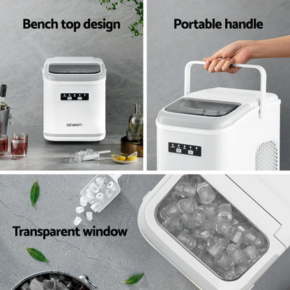 Devanti Ice Maker Machine Portable 12kg Countertop w/Self Cleaning 1.3L White-Appliances &gt; Kitchen Appliances &gt; Ice Makers-PEROZ Accessories