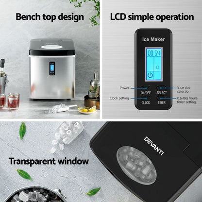 Devanti 3.2L Stainless Steel Portable Ice Cube Maker-Ice Makers-PEROZ Accessories