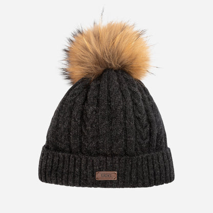 Ugg Cable Knit Pure Cashmere Beanie With Detachable Pom Pom (Raccoon)-PEROZ Accessories
