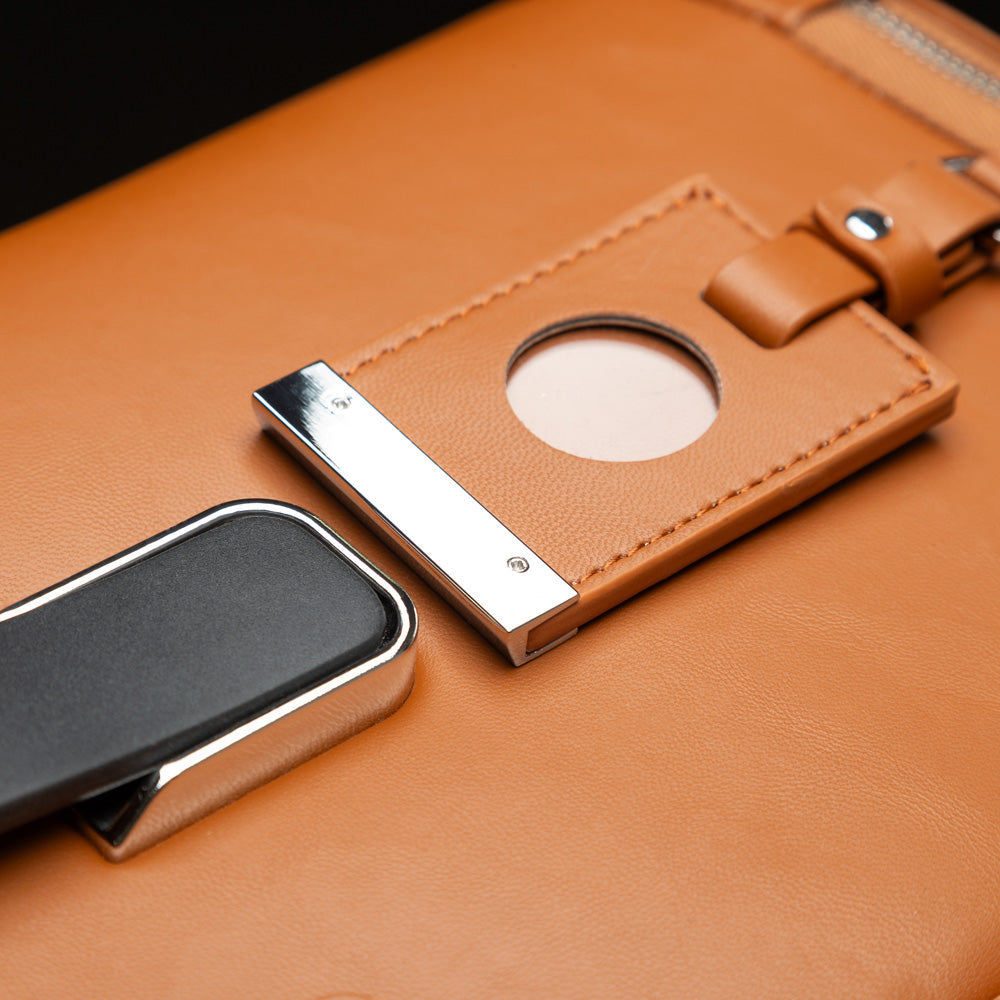 Close-up of a brown leather luggage tag
