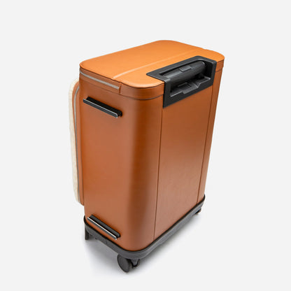 Brown UGG suitcase with black handle and wheels on a white background
