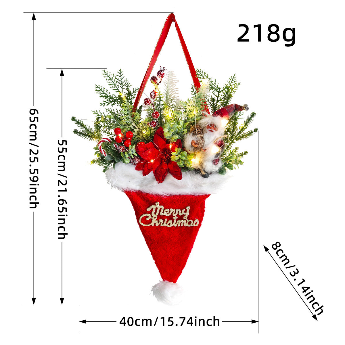 Illuminated Santa Hat Door Hanger with Holiday Greenery &amp; Berries - Christmas Wall Decor(red)-Occasions > Christmas > Christmas Decorations-PEROZ Accessories