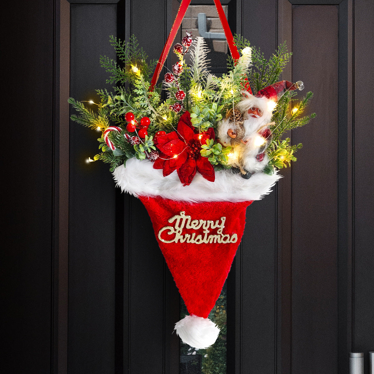Illuminated Santa Hat Door Hanger with Holiday Greenery &amp; Berries - Christmas Wall Decor(red)-Occasions > Christmas > Christmas Decorations-PEROZ Accessories