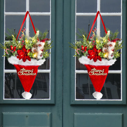 Illuminated Santa Hat Door Hanger with Holiday Greenery &amp; Berries - Christmas Wall Decor(red)-Occasions > Christmas > Christmas Decorations-PEROZ Accessories