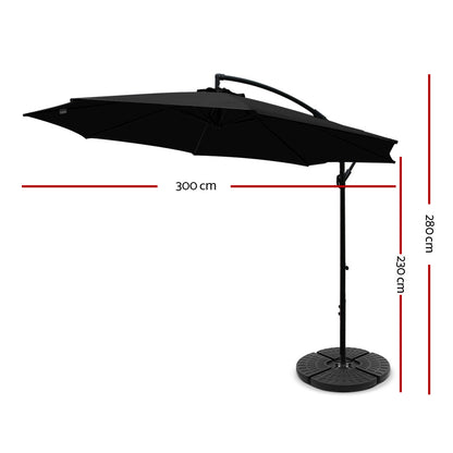 Instahut 3m Outdoor Umbrella w/Base Cantilever Beach Garden Patio Black-Home &amp; Garden > Shading > Umbrellas &amp; Sunshades-PEROZ Accessories