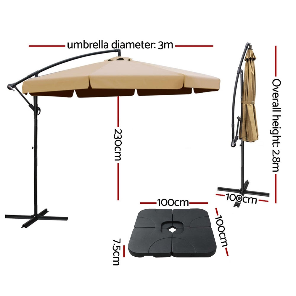 Instahut 3m Outdoor Umbrella w/Base Cantilever Garden Beach Patio Beige-Home &amp; Garden > Shading > Umbrellas &amp; Sunshades-PEROZ Accessories