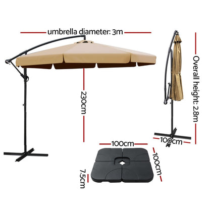 Instahut 3m Outdoor Umbrella w/Base Cantilever Garden Beach Patio Beige-Home &amp; Garden > Shading > Umbrellas &amp; Sunshades-PEROZ Accessories